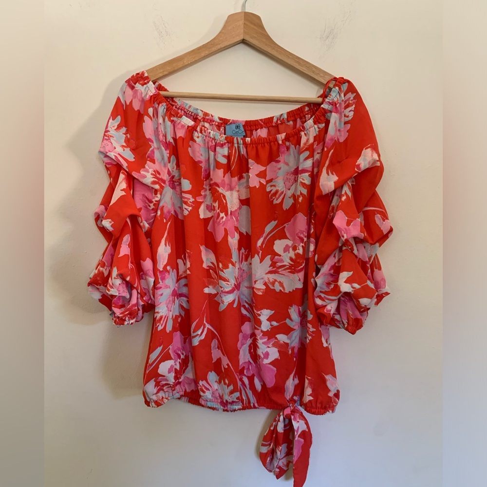 CeCe Red Pink Floral Puffy Ruffled Sleeve Off the Shoulder Top Size L